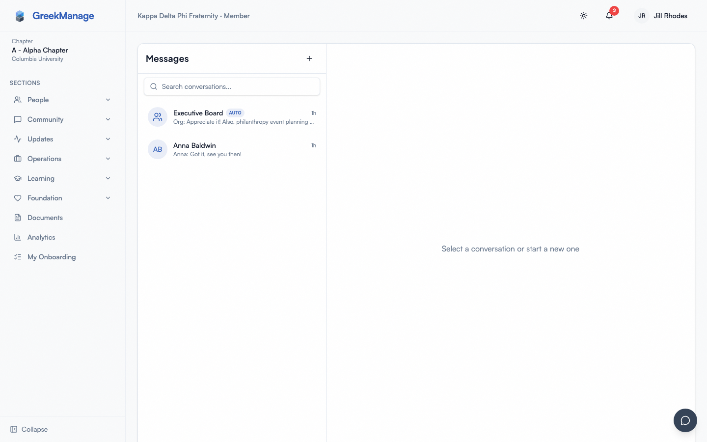 Inbox showing direct messages and group chats with last preview.