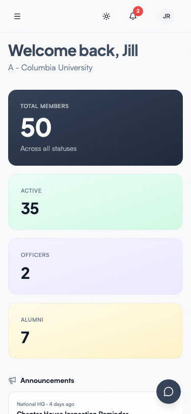 GreekManage on iOS — dashboard with bulletins.
