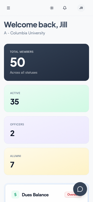 GreekManage on iOS — dashboard with bulletins.