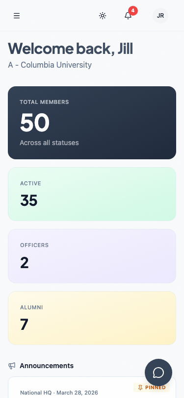 GreekManage on iOS — dashboard with bulletins.