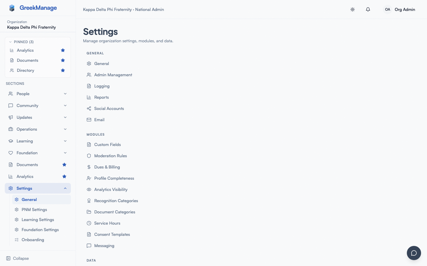 Platform organization detail with the module licensing toggles.