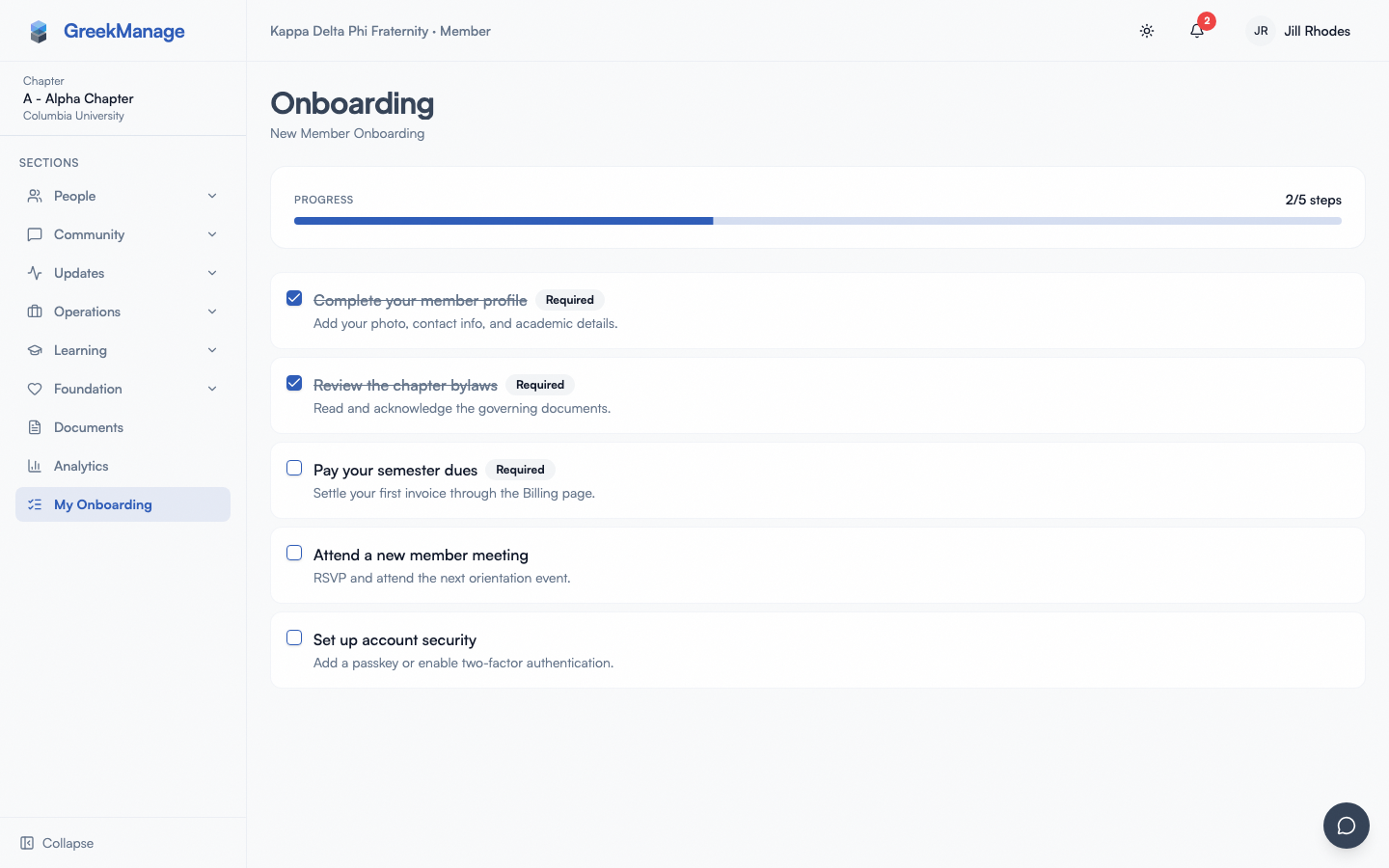 The Onboarding checklist page.
