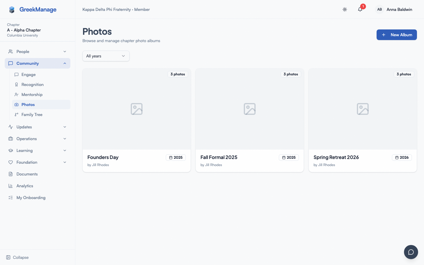 Chapter Photos page with the album grid, year dropdown filter, and the New Album button.