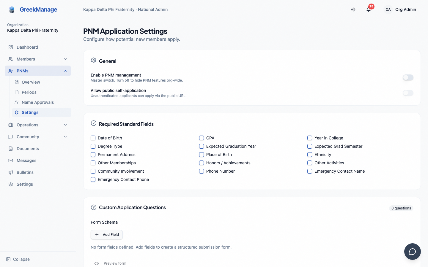 PNM settings - Attachments card with checkboxes