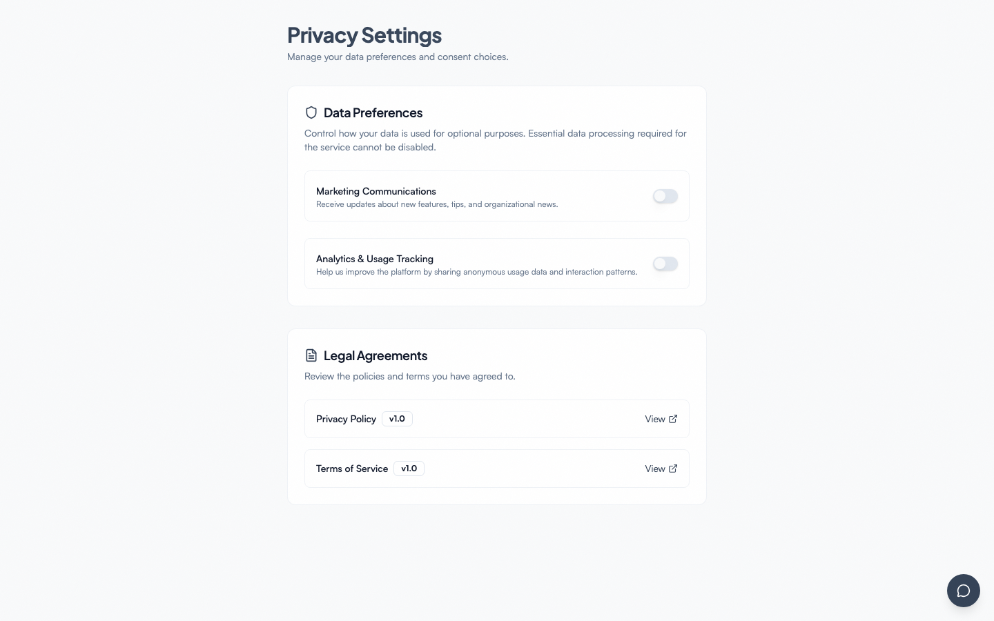 Privacy controls page with consent toggles and data export action.