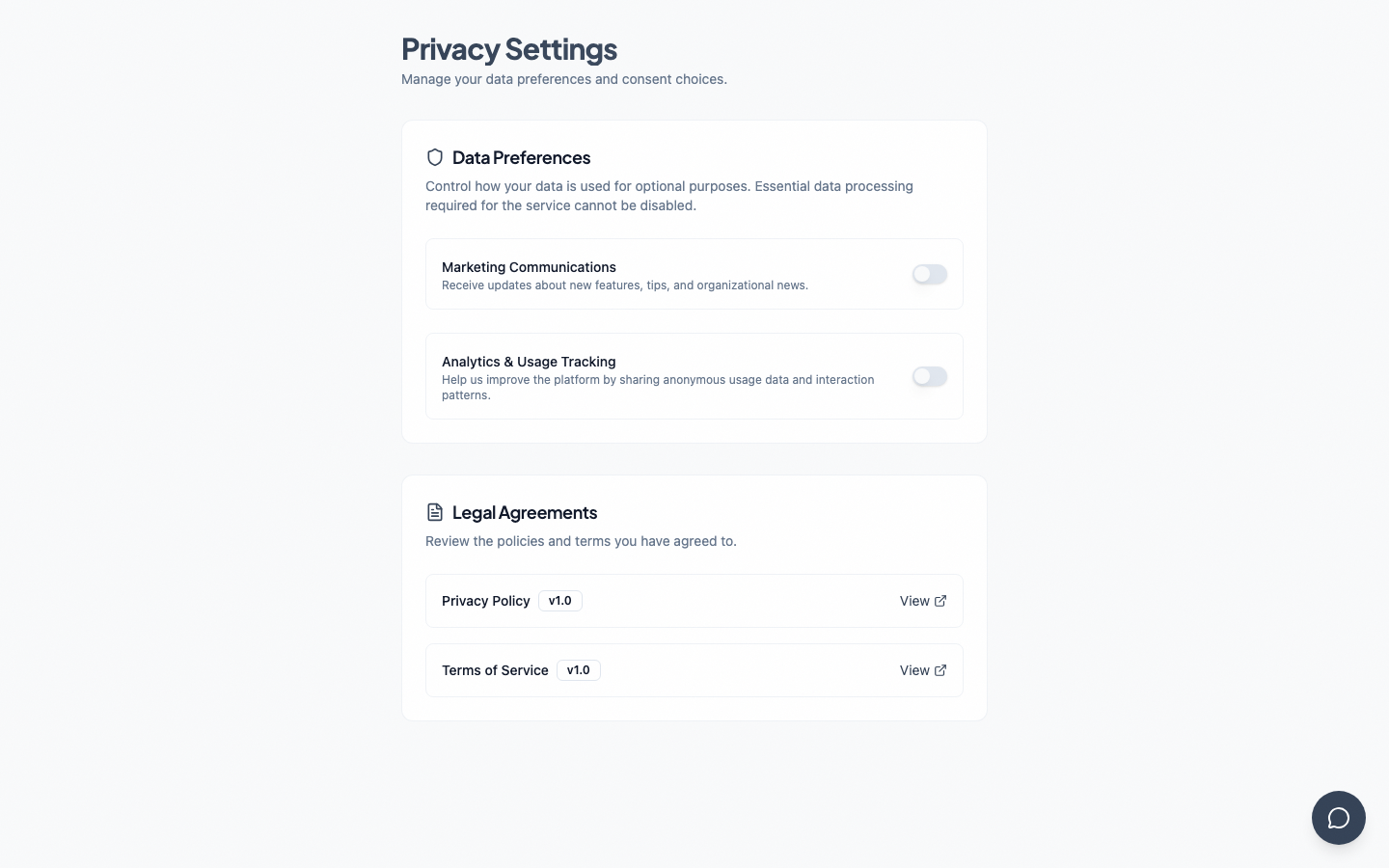 Privacy controls page with consent toggles and data export action.