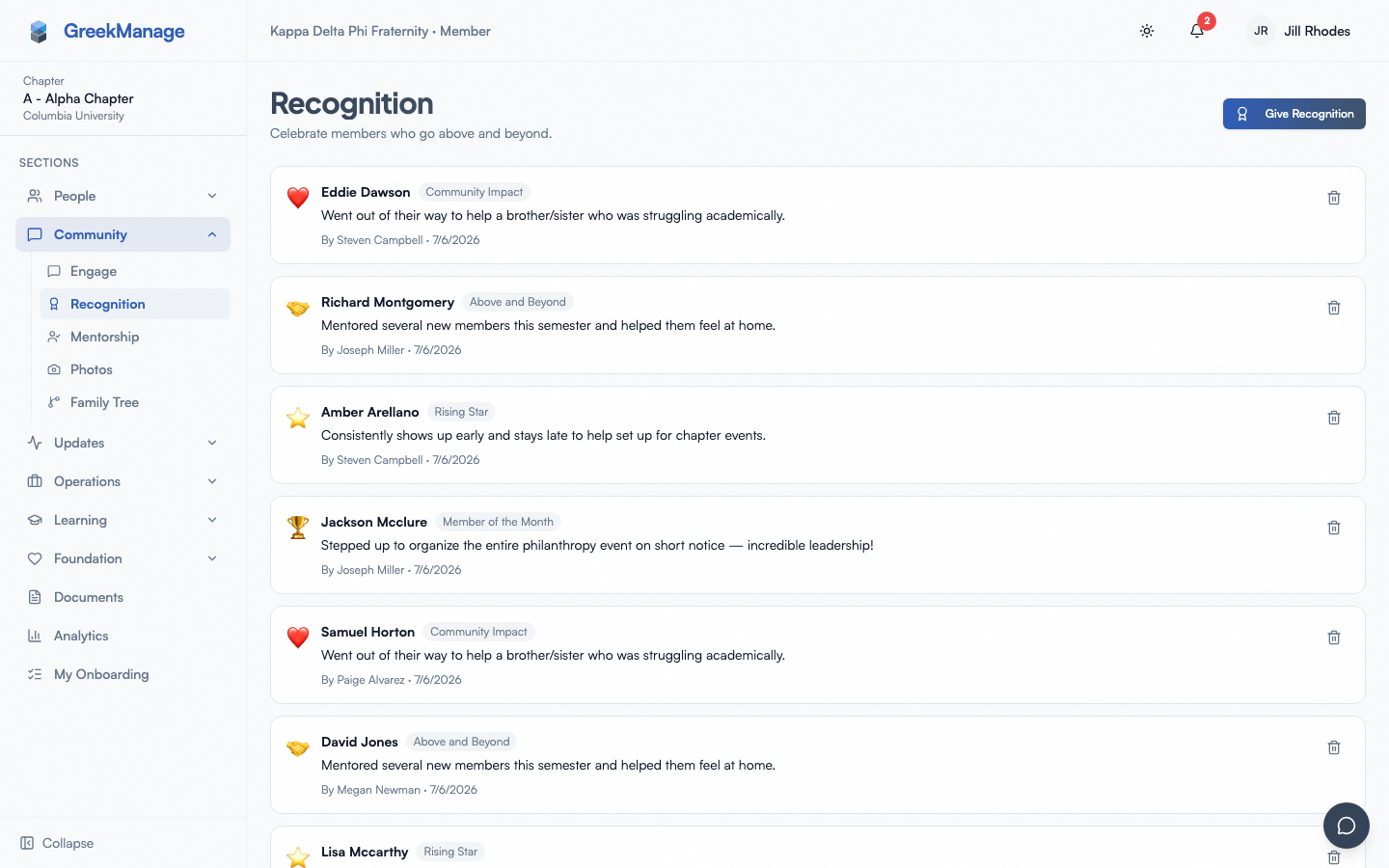 Recognition wall with recent shoutouts and categories.