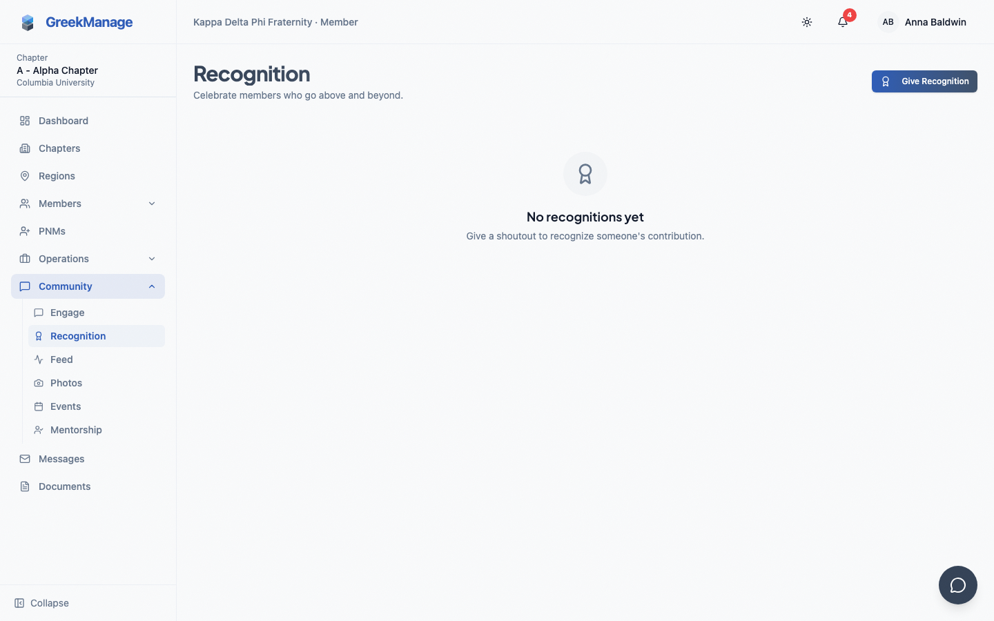 Chapter recognition feed with the Give Recognition button visible to officers only.