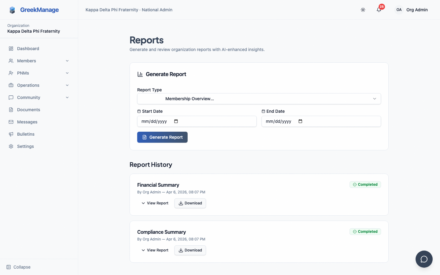 org reports page with generate form and history list