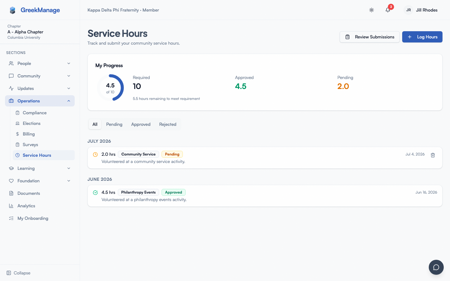 The Service Hours page: My Progress card and hours history.