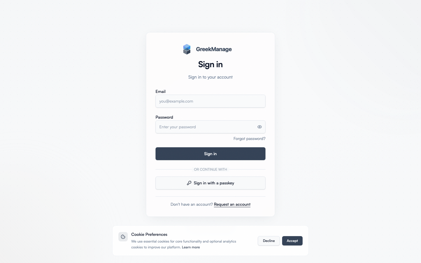 The GreekManage login screen with SSO detection.