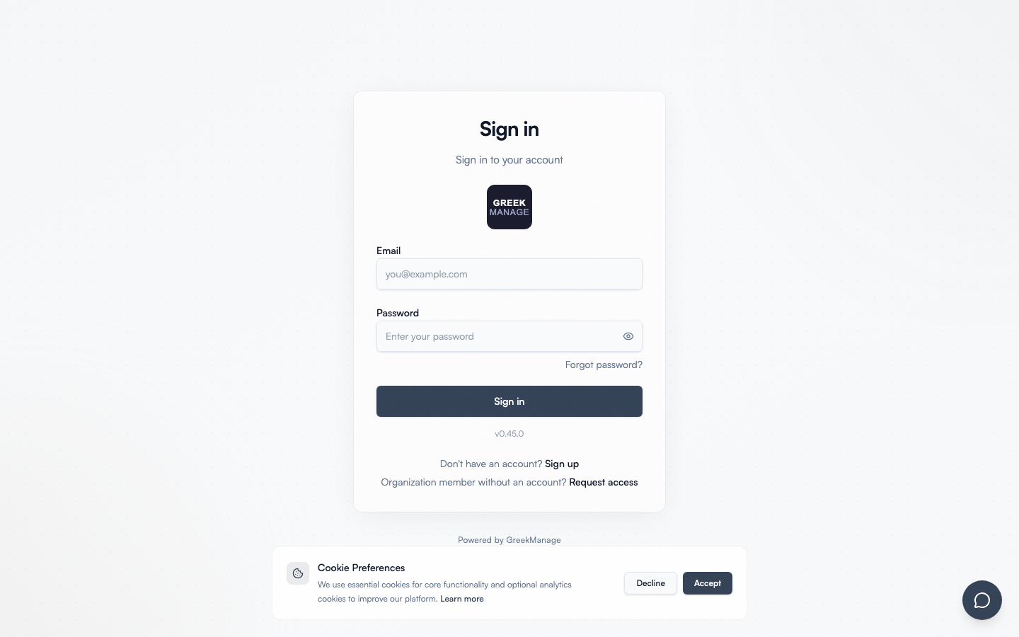 The GreekManage login screen with SSO detection.