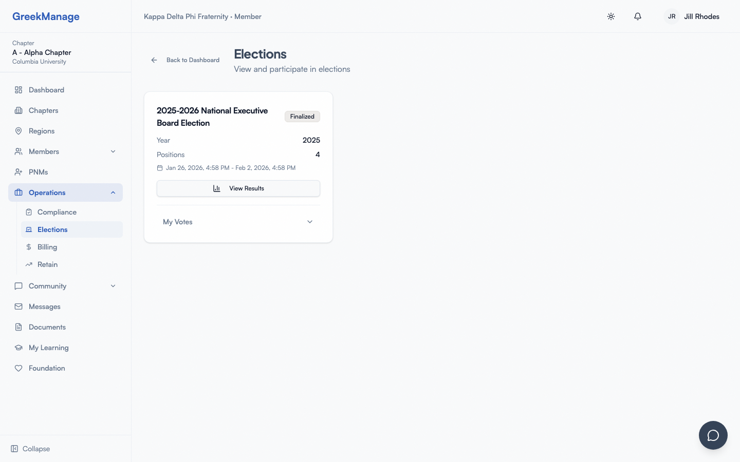 The voter ballot for a chapter election.