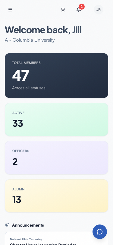 GreekManage on iOS — dashboard with bulletins.