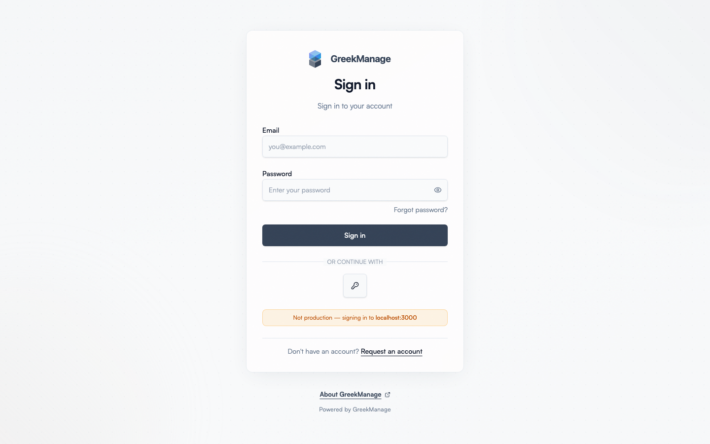 The GreekManage login screen with SSO detection.