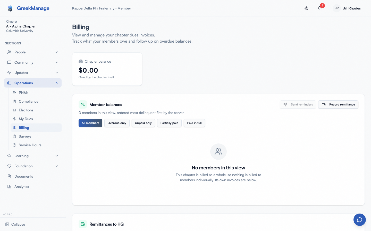 The chapter billing page with the current invoice.