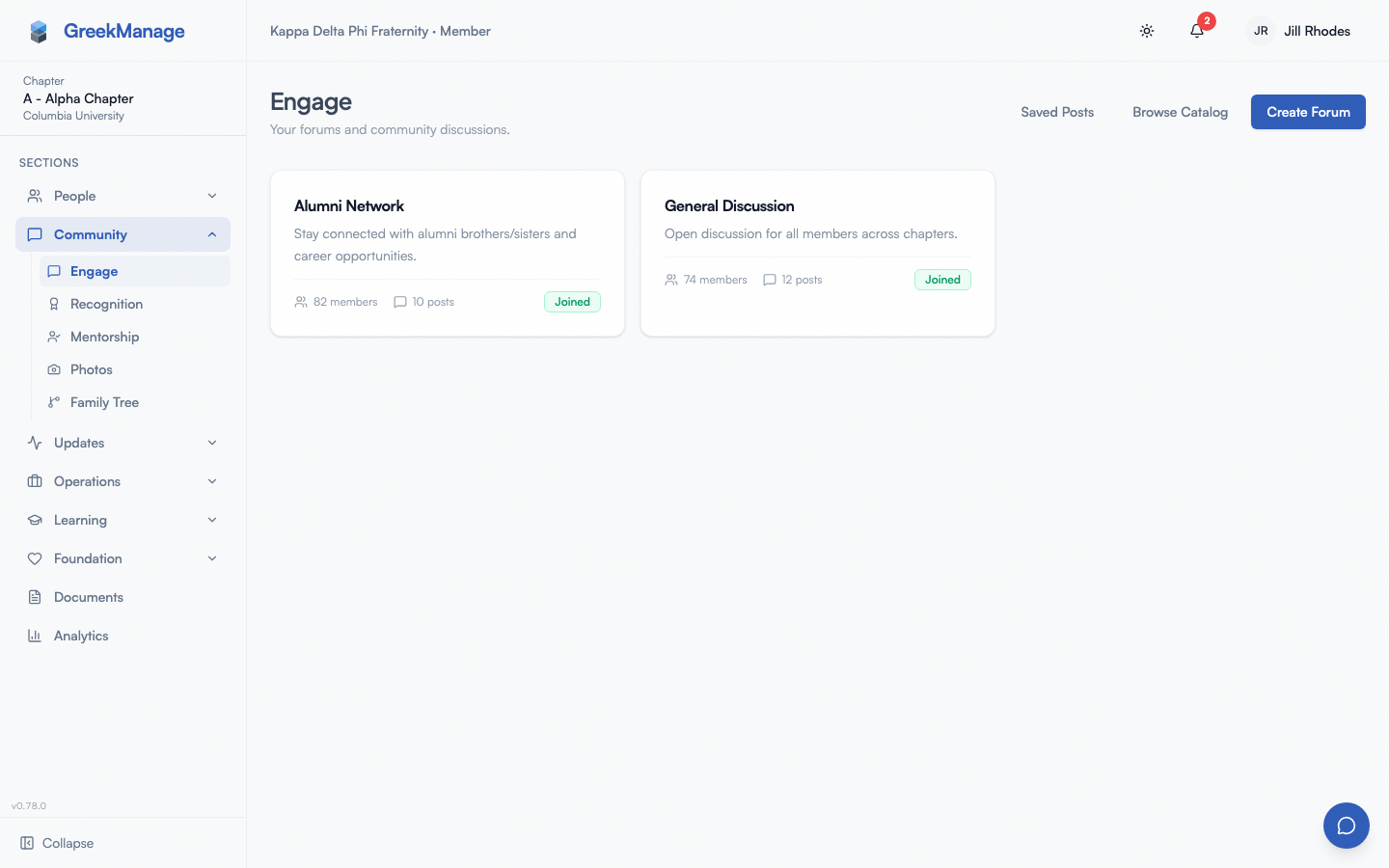 The Engage home with subscribed and discoverable forums.