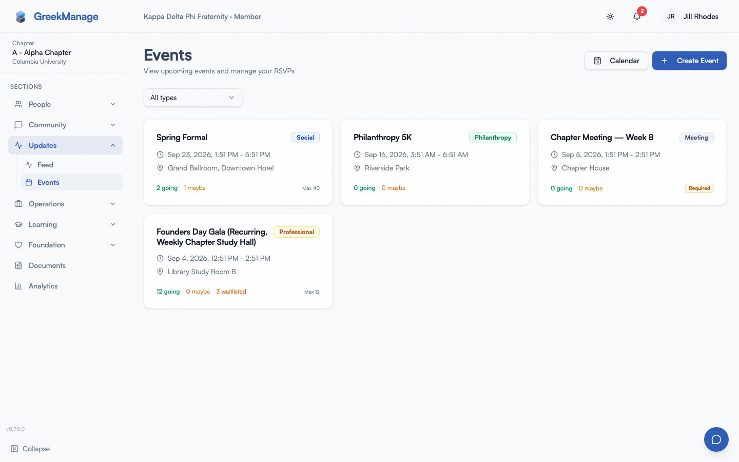 Events grid with date filter and RSVP status badges.