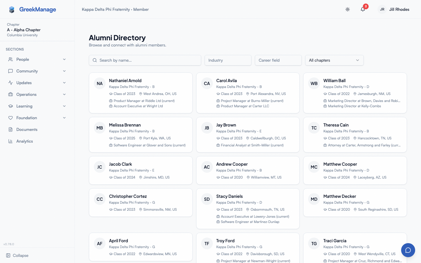 Alumni mentorship browser with mentor cards and topic filters.