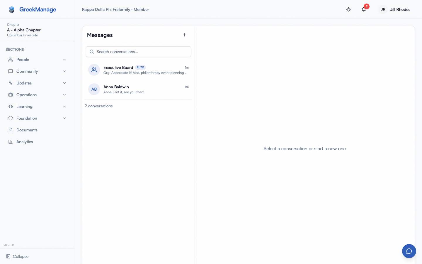 Inbox showing direct messages and group chats with last preview.