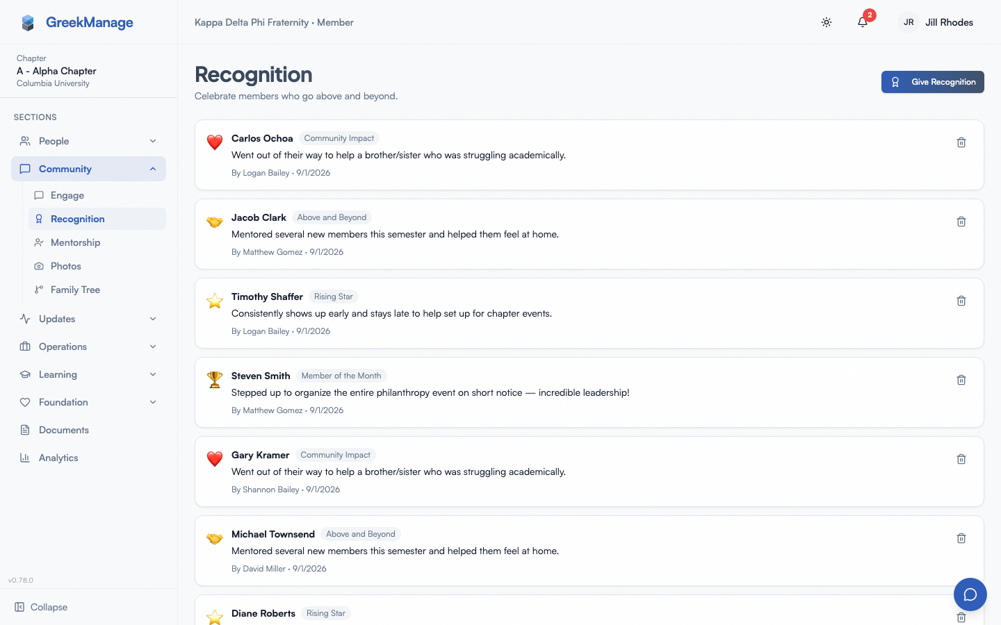 Recognition wall with recent shoutouts and categories.