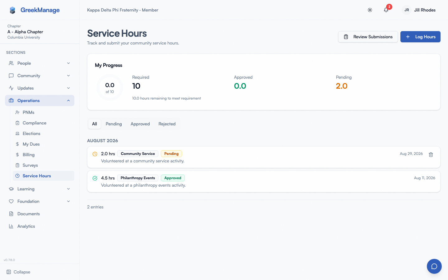 The Service Hours page: My Progress card and hours history.