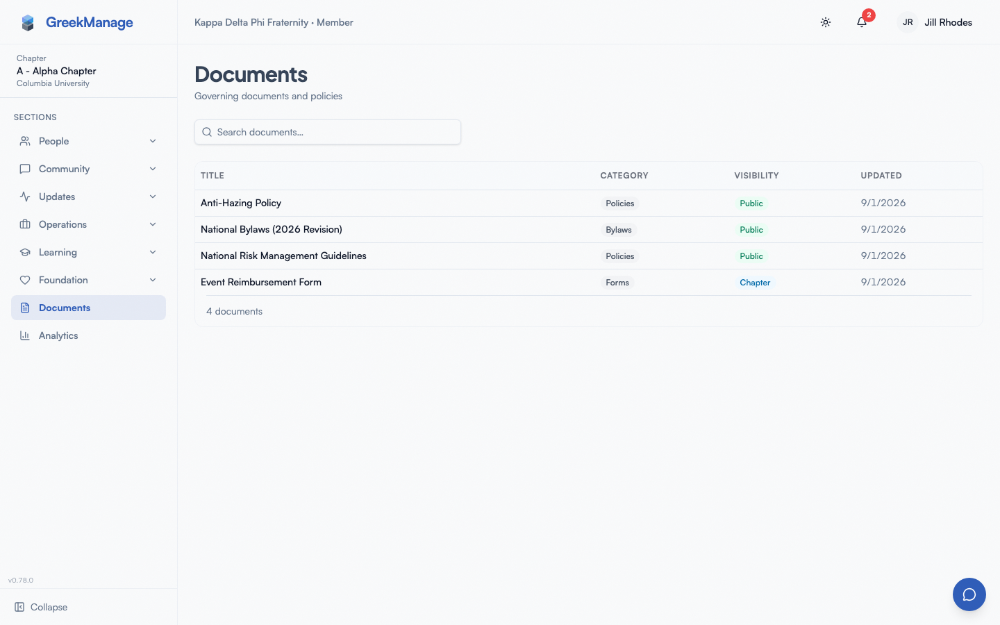 the member Documents library with category badges and the search bar