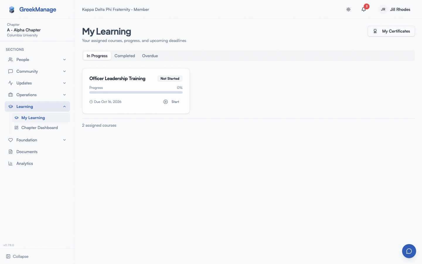 Learning sidebar with the My Learning entry highlighted.