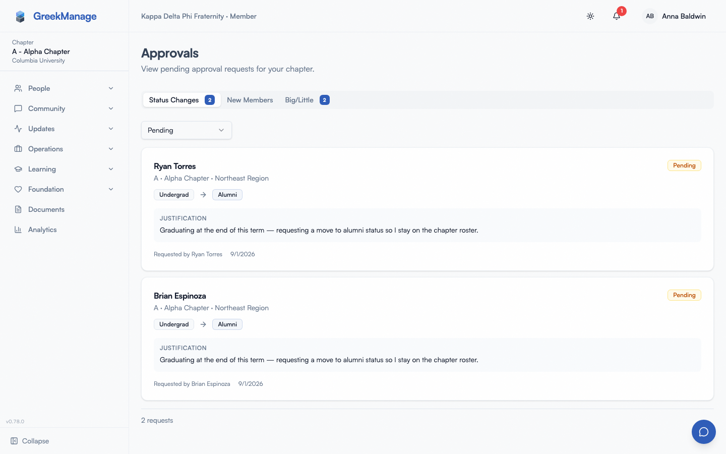 officer approvals page with three tabs and pending count badges