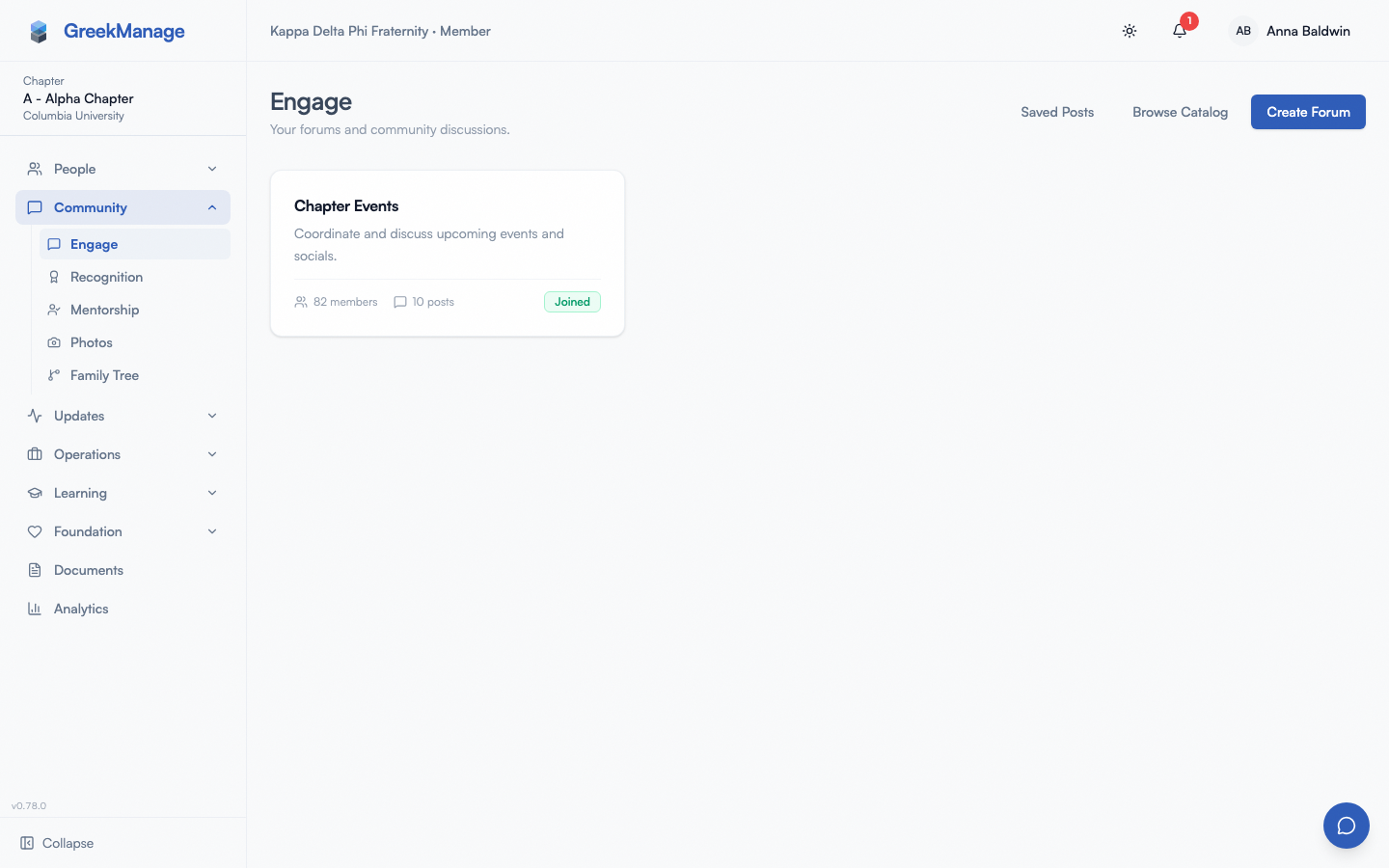 Engage forum view with member-tier actions (no moderation queue).