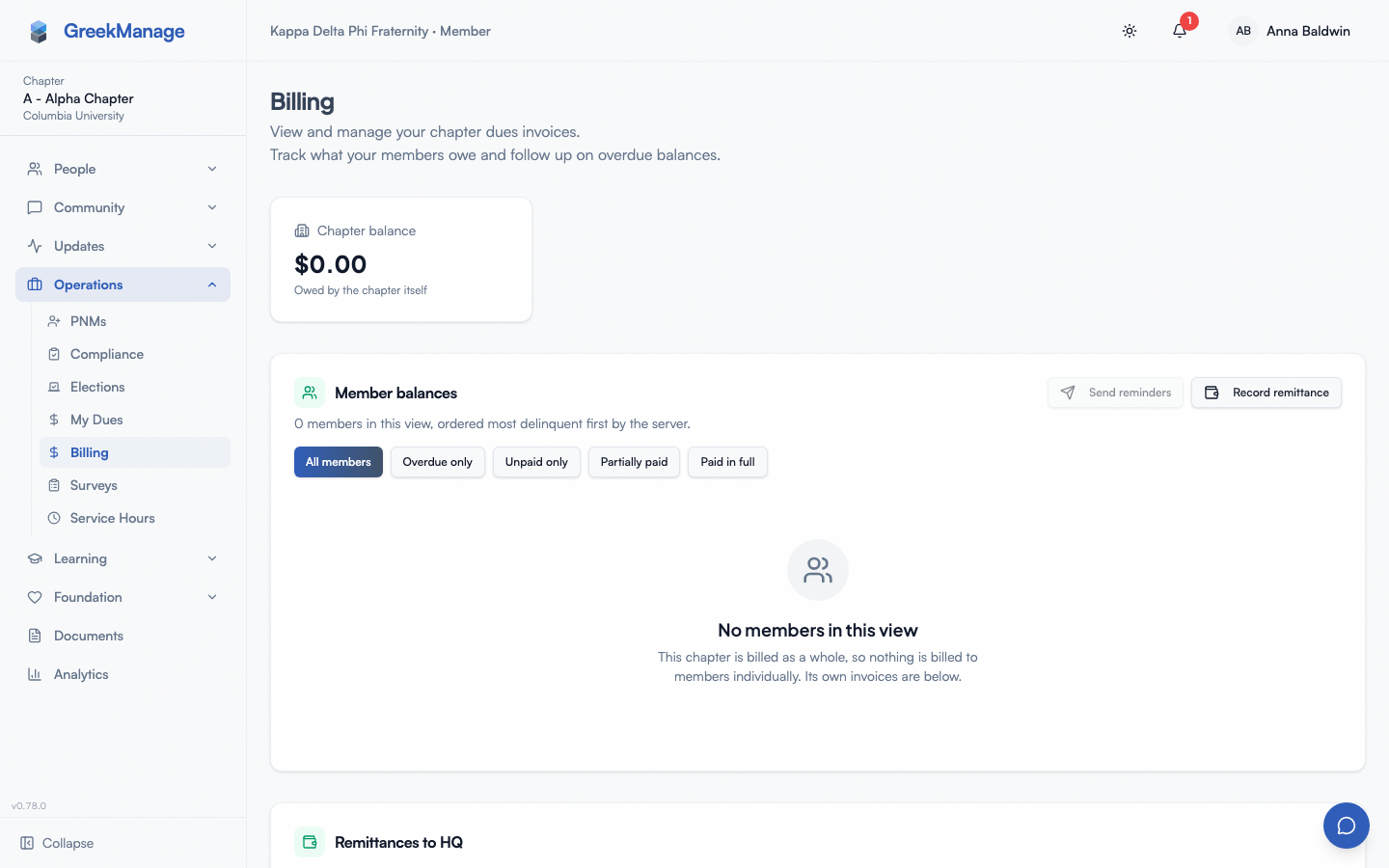chapter billing list with mixed statuses and the View action hover