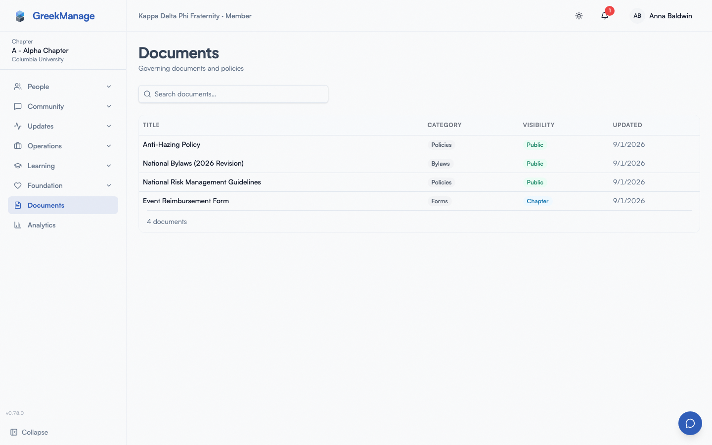 Chapter Documents page with the document table and category badges.