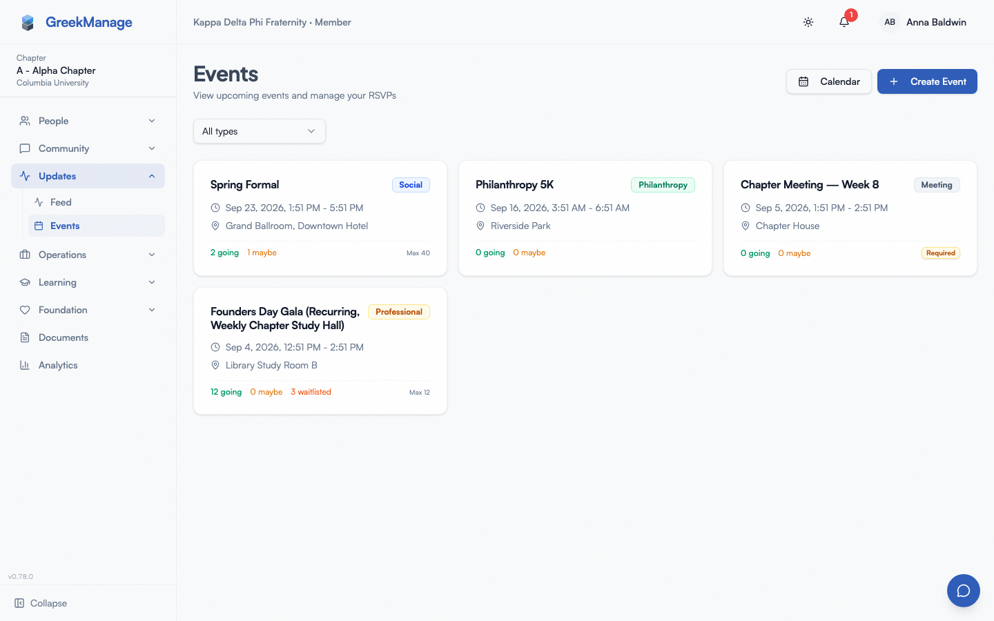 chapter events grid with type filter and Create Event button