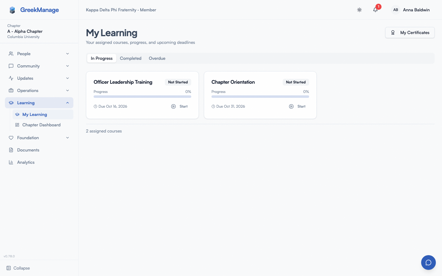 Chapter learning dashboard with four stat tiles and a Recent Completions card.