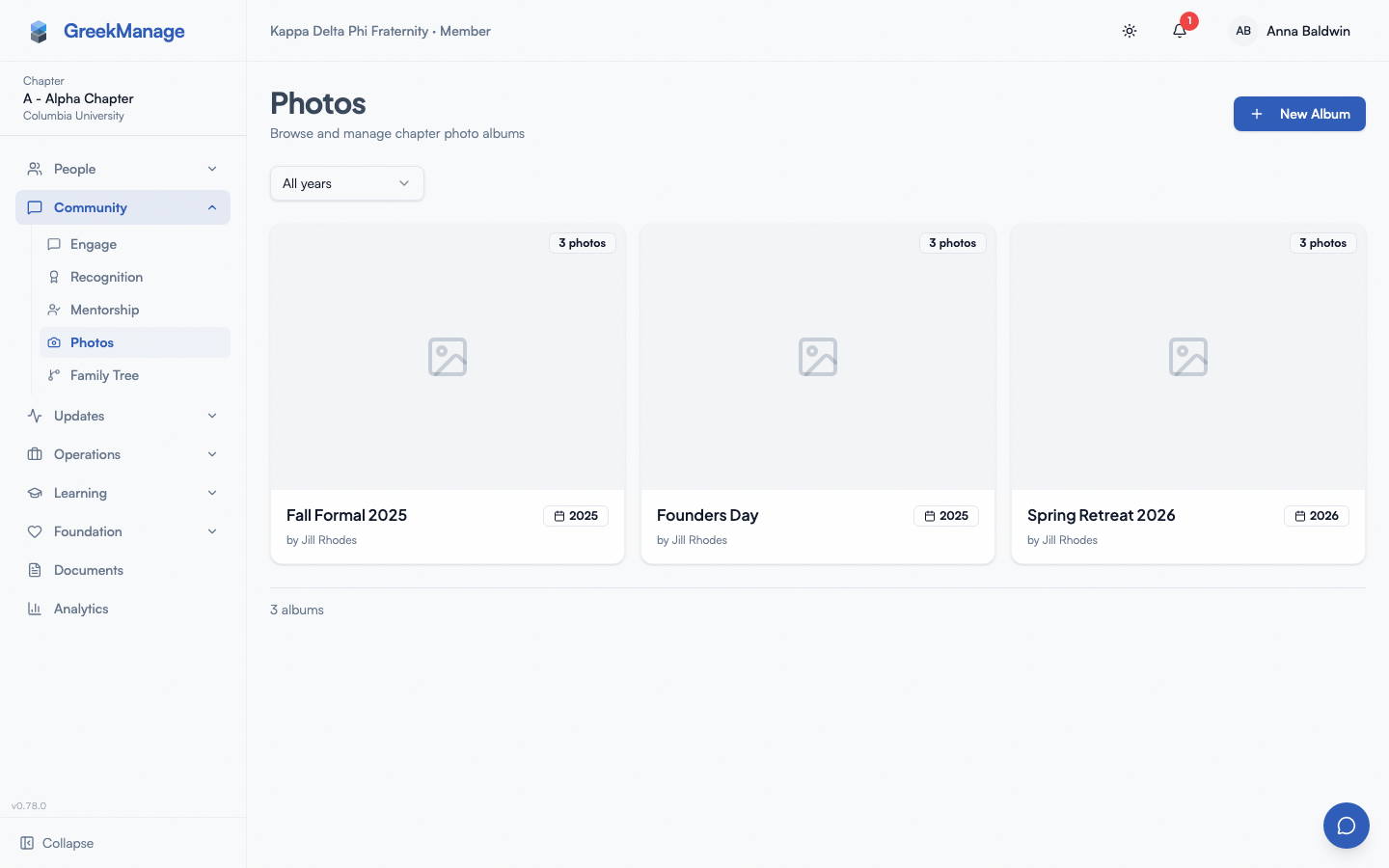 Chapter Photos page with the album grid, year dropdown filter, and the New Album button.