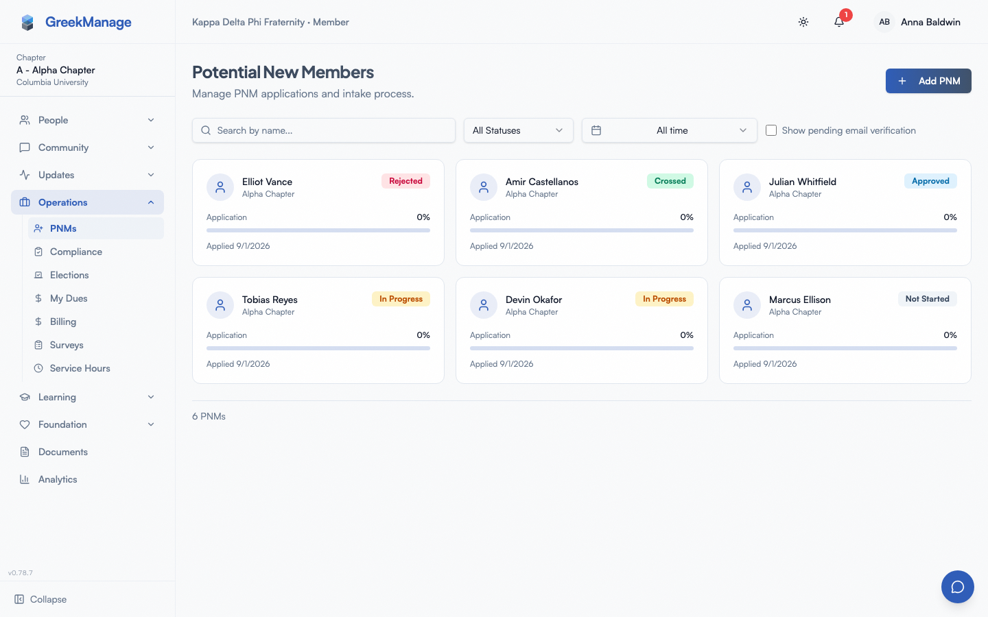 Chapter PNM list with applicant cards and the status filter selector.