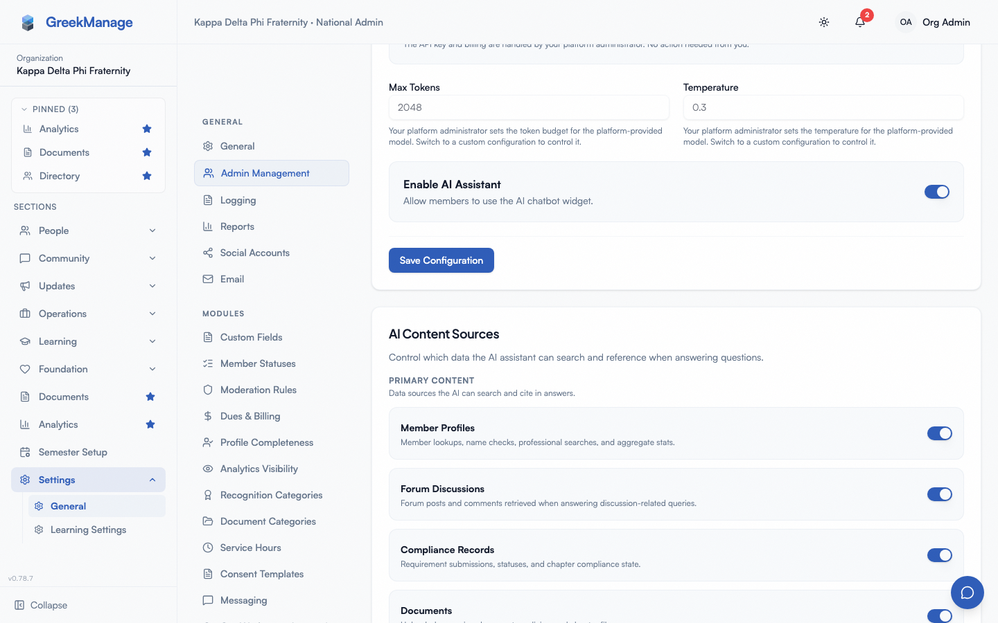 the AI Content Sources card with the four UI toggles