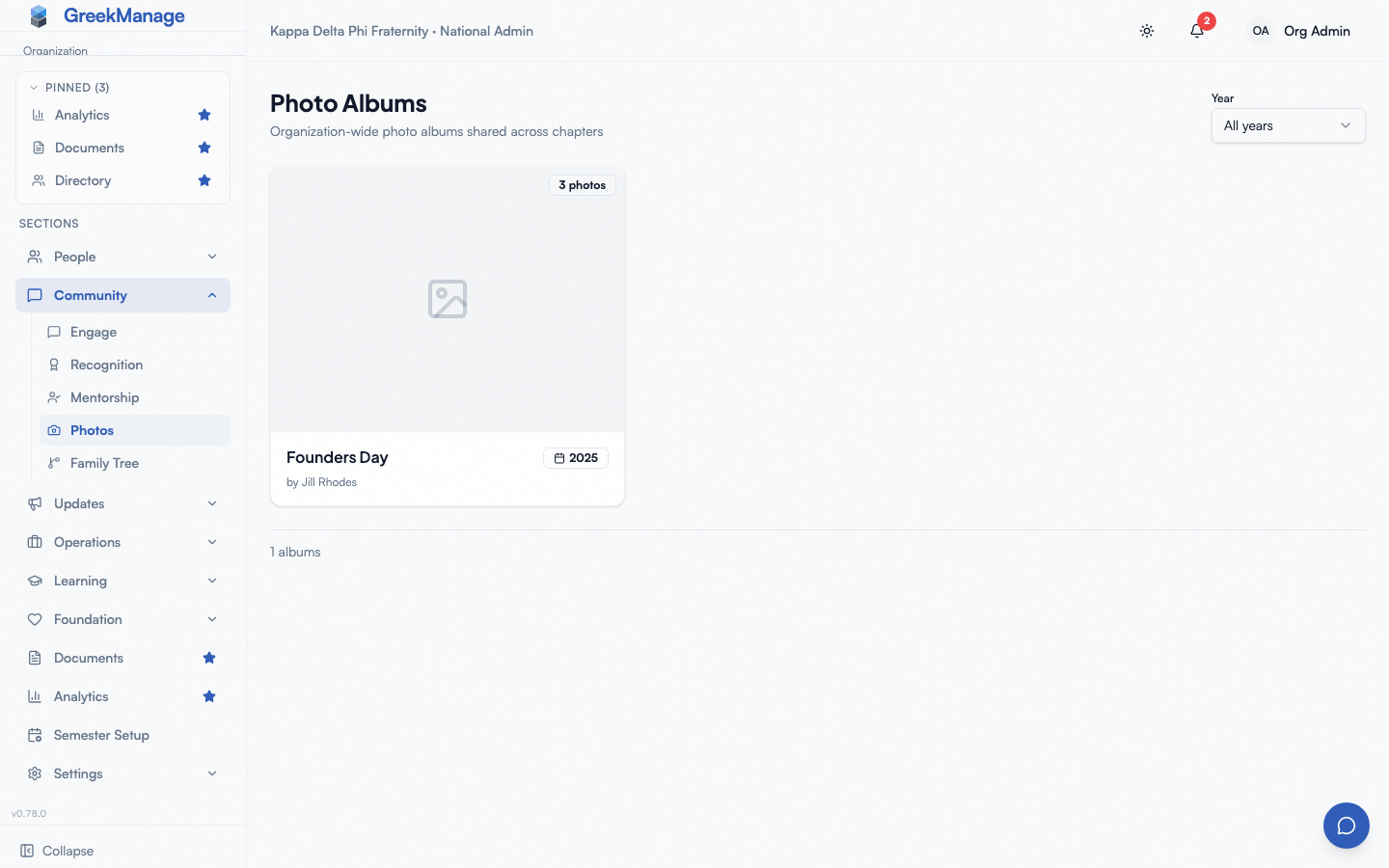 org photos page in the empty state, before any chapter has shared an album org-wide