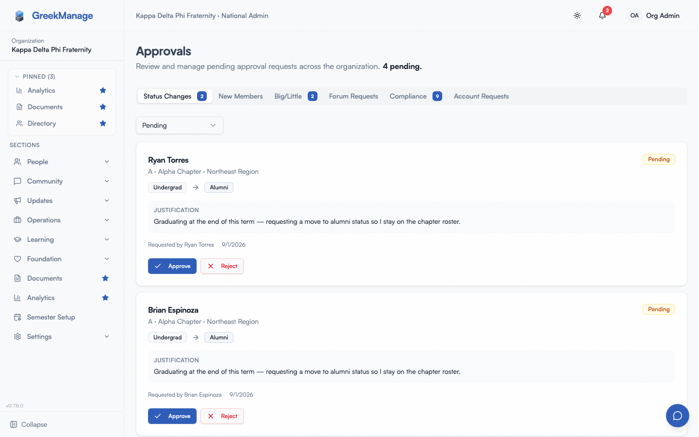 Approvals page with tabs and pending badges