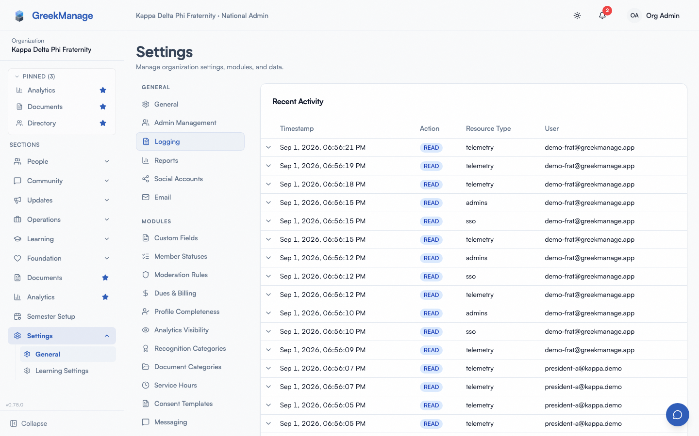org audit log with Logging tab selected