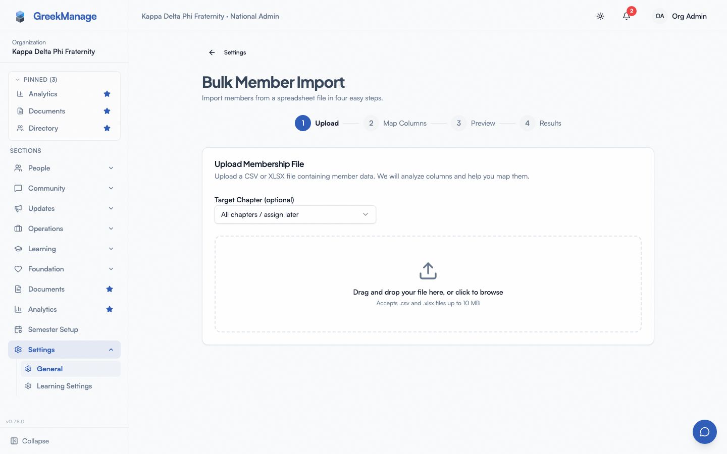 Bulk import wizard step indicator — Upload, Map Columns, Preview, Results.