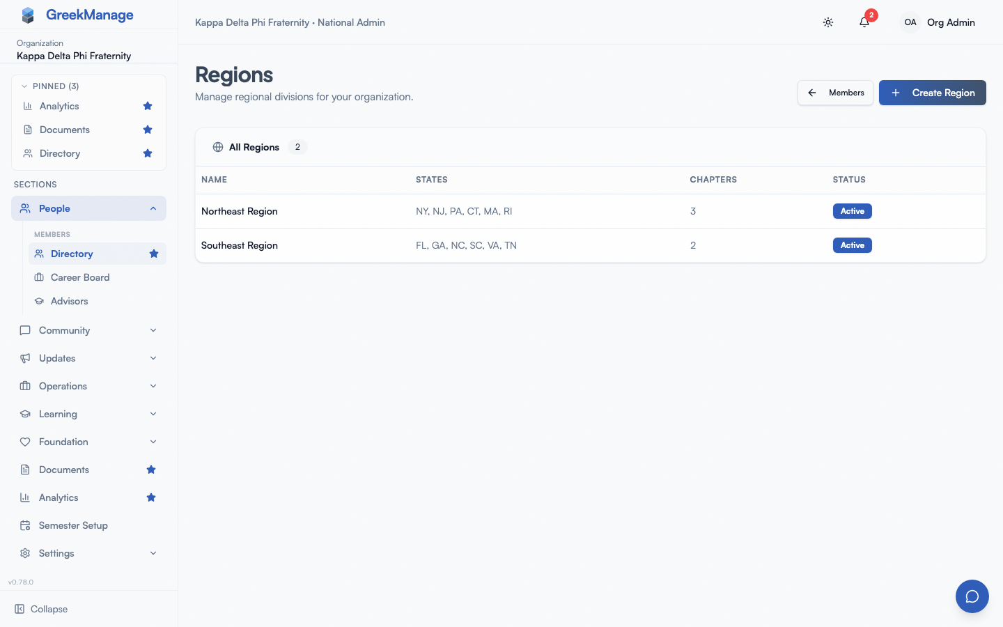 Region creation form.