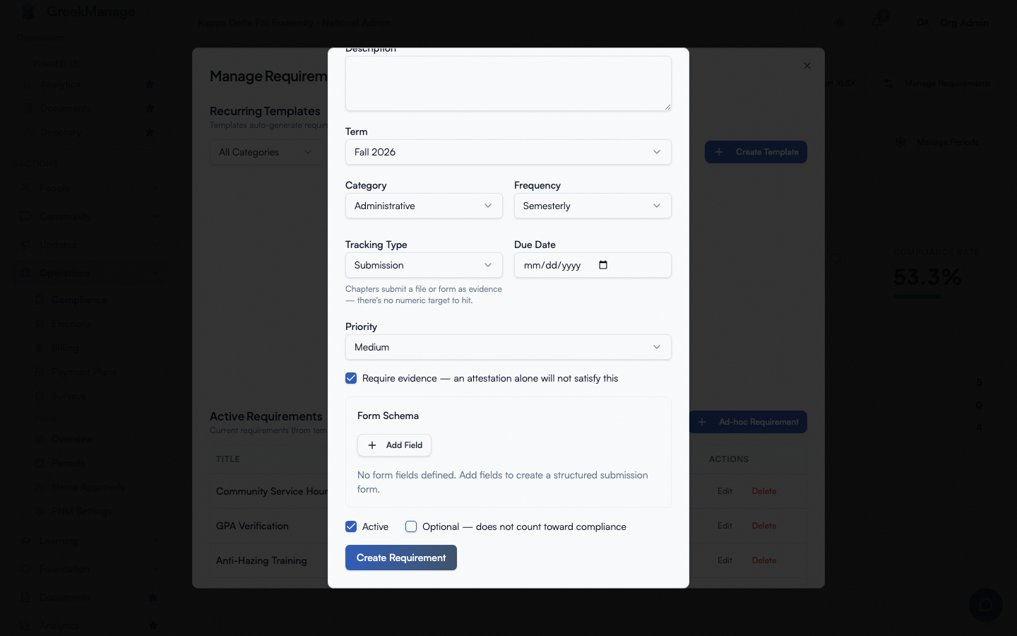 The Create Ad-hoc Requirement dialog, with the “Optional — does not count toward compliance” checkbox alongside “Requires evidence submission” and “Active”.