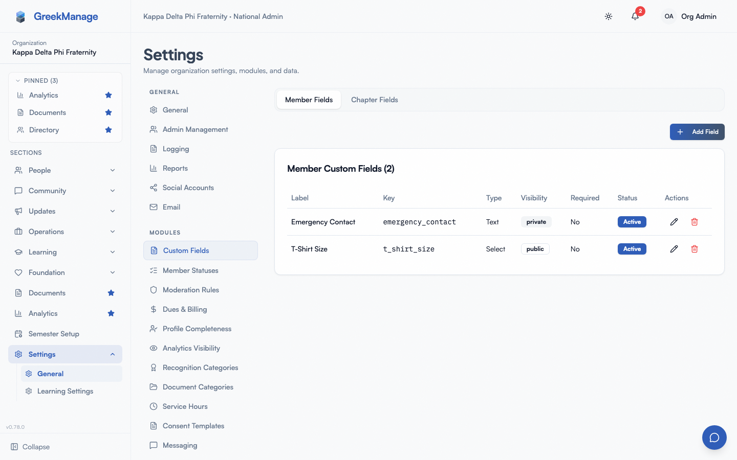 The custom fields list.