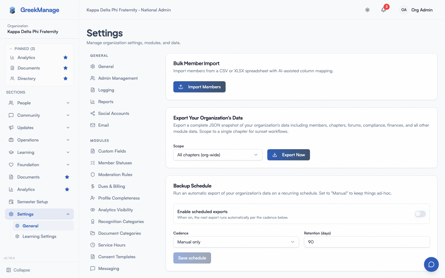 org settings → Data Management with Export card and history