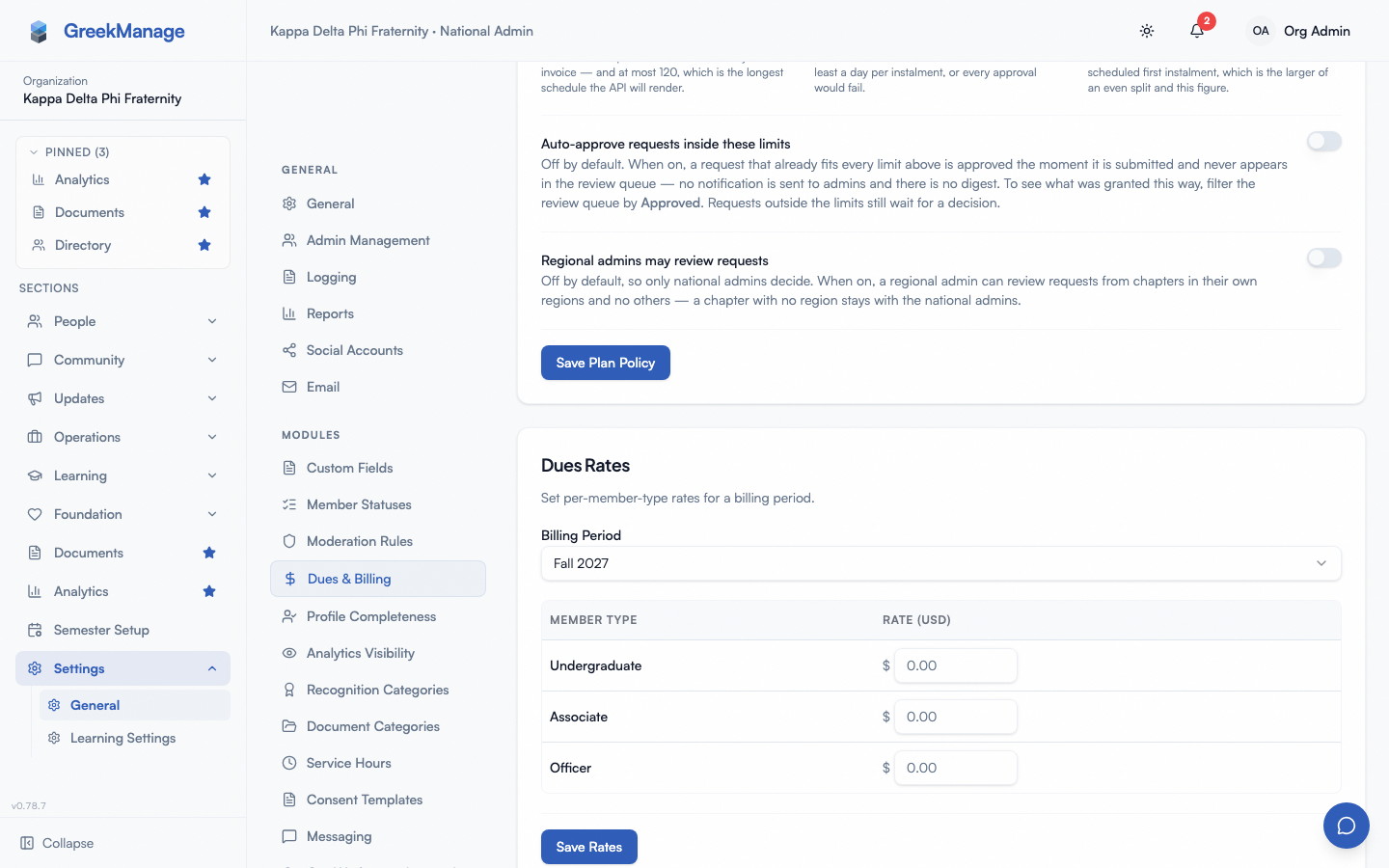 Dues billing rates