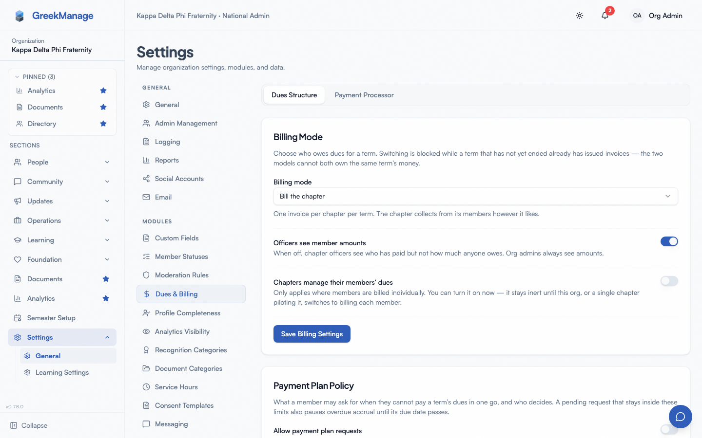 The org dues configuration screen.