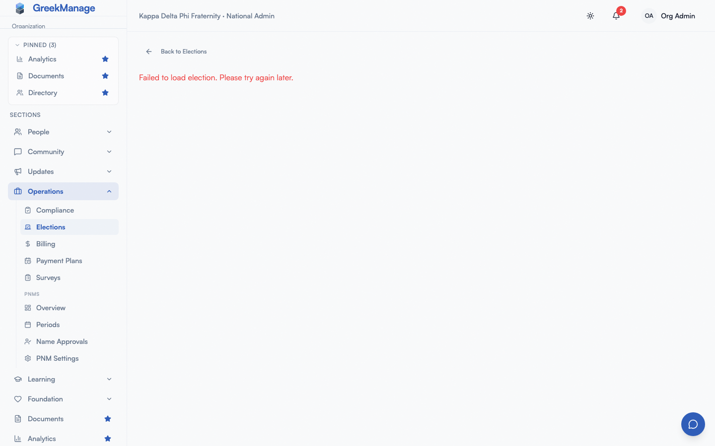 Elections page with the New Election action and existing elections list.