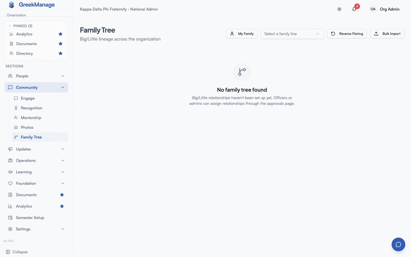 Org family tree with a family line selected, showing big-to-little edges between members.