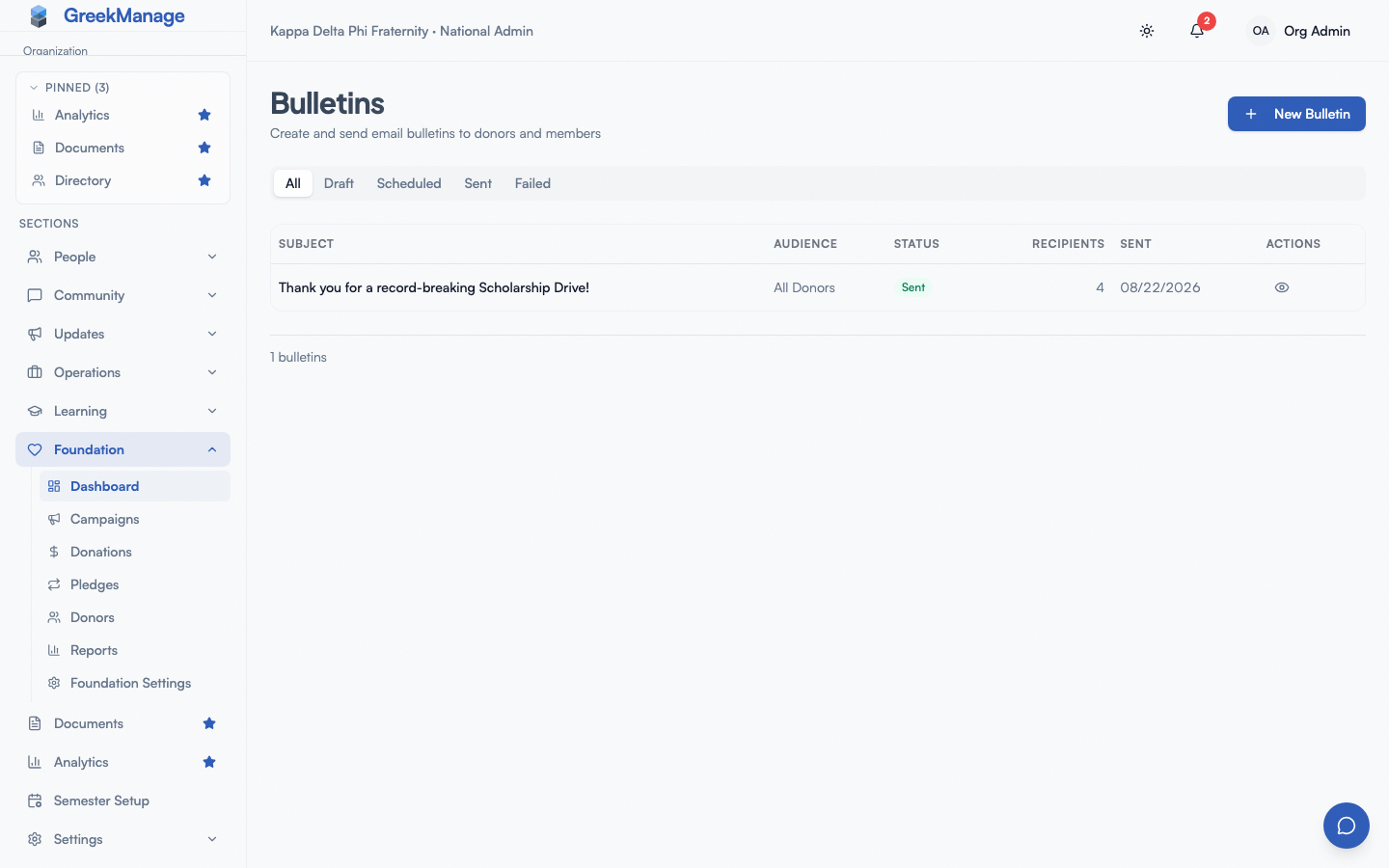 New Bulletin dialog with subject, body, and audience fields
